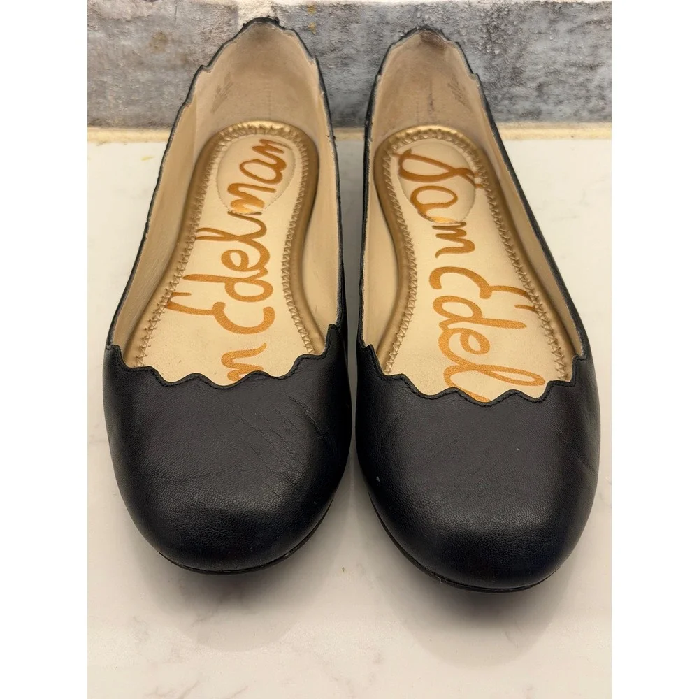 Sam Edelman Felicia Black Leather Scalloped Ballet Flats Womens 6.5